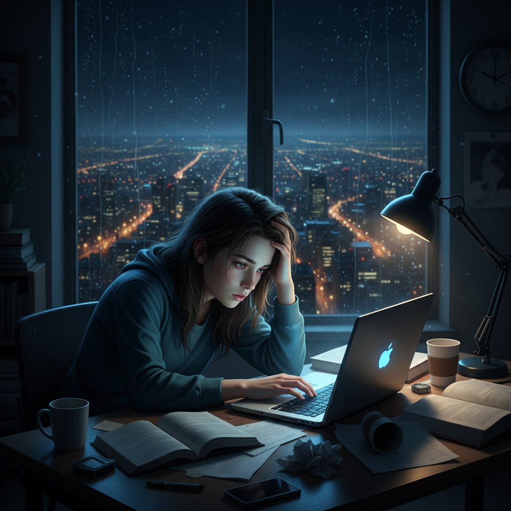 Stresujący uczeń przed komputerem w nocy w pokoju pełnym książek, natychmiastowa pomoc edukacyjna