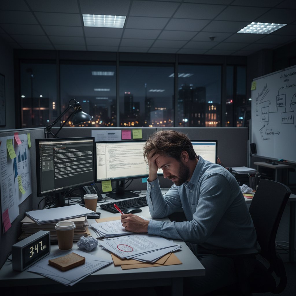 Zestresowany tłumacz analizujący skomplikowane dokumenty umowne w biurze