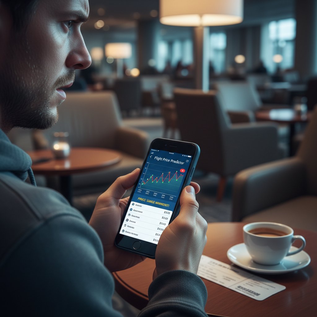 Stressed traveler experiencing flight price anxiety in a dim airport lounge, flight price predictor app visible on laptop screen