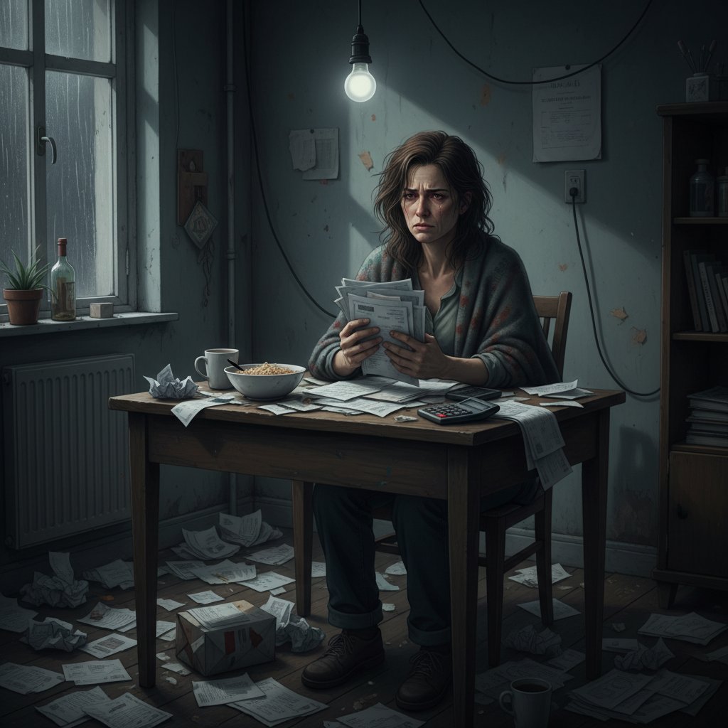 Zestresowana kobieta z głową w dłoniach, rachunki na stole, ciemne wnętrze domu, nastrój przygnębienia
