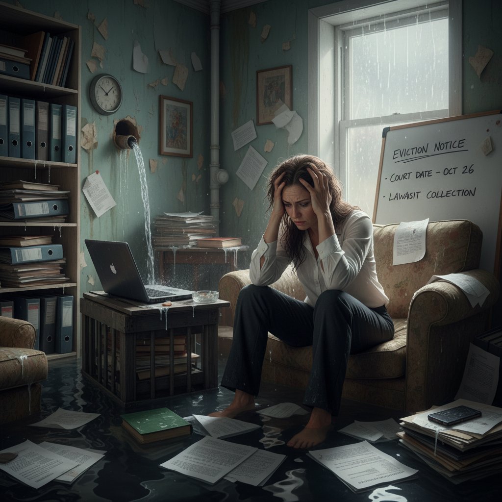 Stresująca sytuacja: kobieta z dokumentami siedzi na podłodze, noc, mieszkanie zalane wodą, kryzys prawny, natychmiastowa pomoc