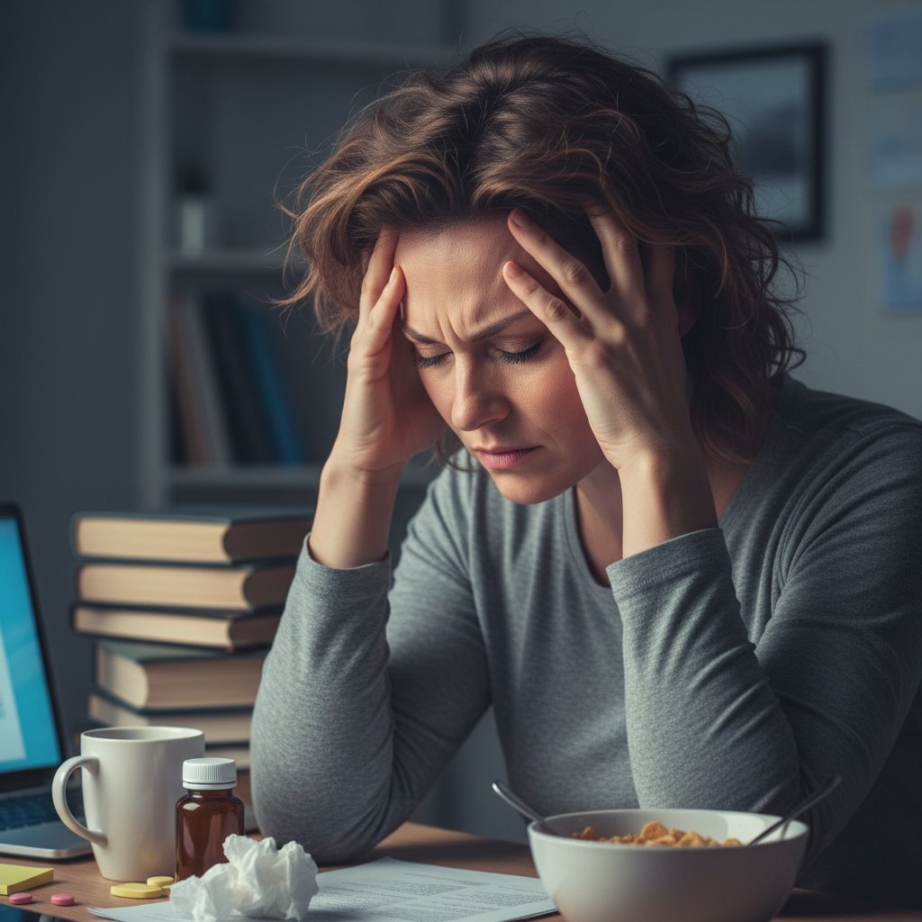 Zestresowana kobieta trzymająca się za głowę, objawy stresu fizycznego