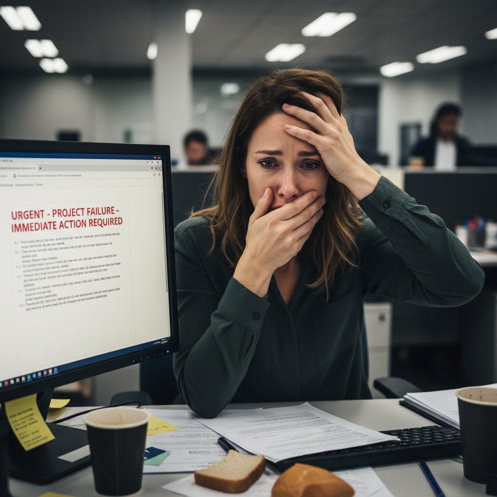 Stresująca sytuacja w biurze, kobieta reagująca emocjonalnie na wiadomość e-mail