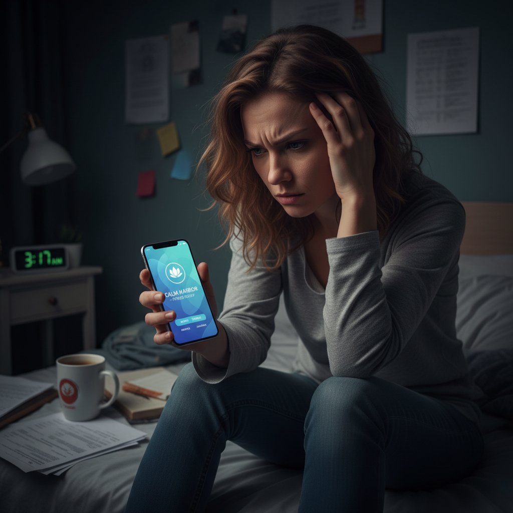 Zestresowana kobieta korzystająca z aplikacji mobilnej do zarządzania stresem