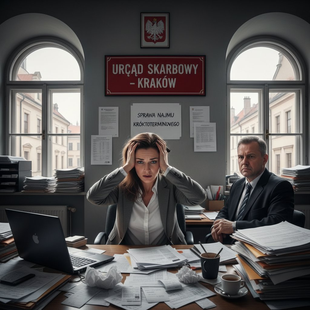 Zestresowana kobieta rozmawiająca z urzędnikiem w biurze podatkowym