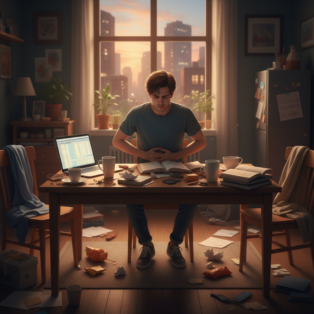 Stres a uczucie pełności – młoda osoba przy stole