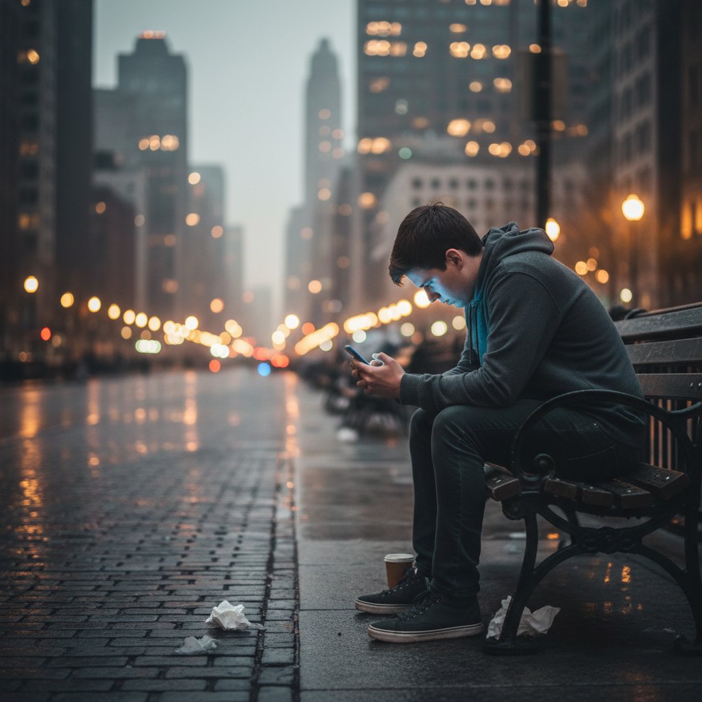 Zestresowana młoda osoba siedząca na ławce z telefonem, w tle rozmyte światła miasta – ilustracja cyfrowego zmęczenia
