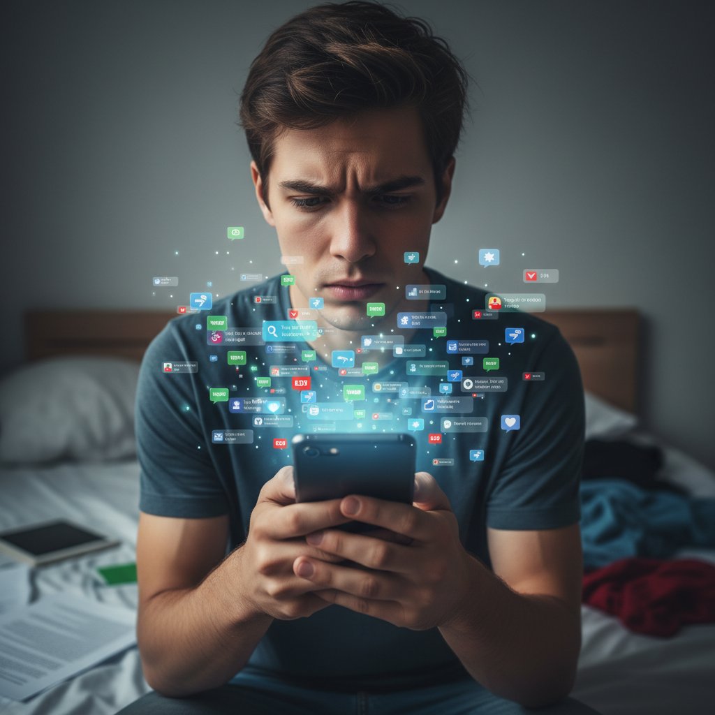 Młoda osoba ze smartfonem, wyraźnie zestresowana napływem powiadomień