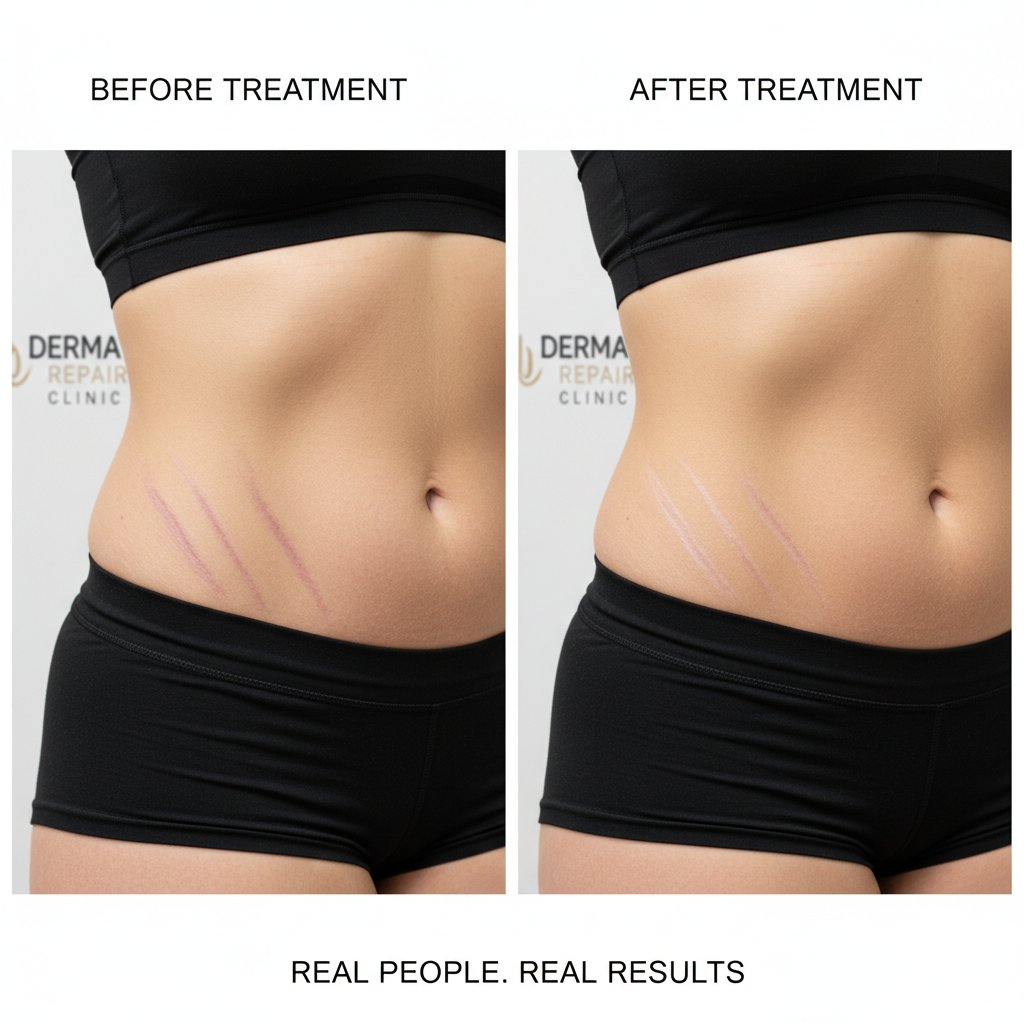 Zdjęcie kobiet i mężczyzn porównujących efekty zabiegów na rozstępy, naturalność, różne etapy leczenia