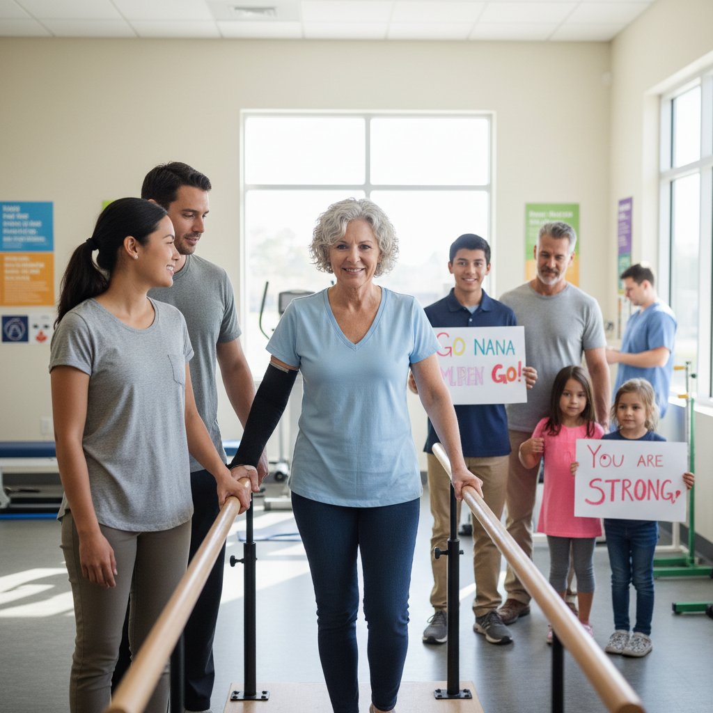 Zdjęcie osoby po udarze wykonującej rehabilitację, z rodziną wspierającą podczas ćwiczeń
