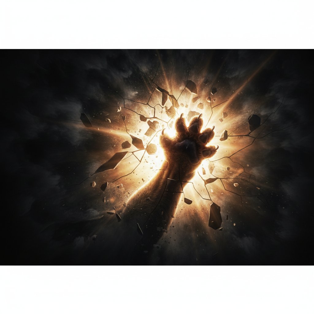 Symboliczne ujęcie łapy zwierzęcia wychodzącej z cienia, nadzieja w rehabilitacji zwierząt, przezwyciężanie trudności