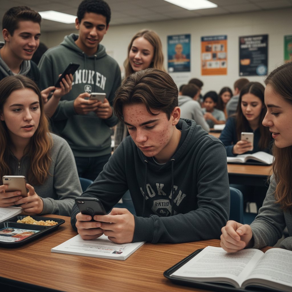 Uczeń z trądzikiem siedzący samotnie w klasie, reszta grupy rozmawia w tle