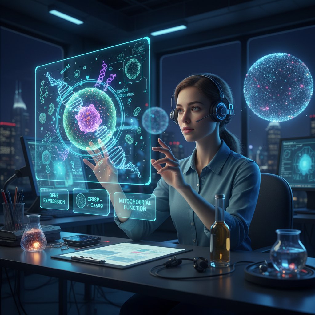 Nowoczesny uczeń korzystający z AI do nauki biologii człowieka, ekran, hologramy