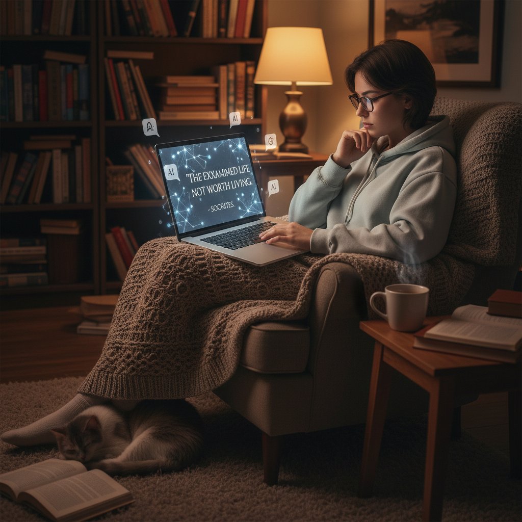 Student rozmawiający z AI w przytulnym wnętrzu, ekran laptopa z filozoficzną konwersacją