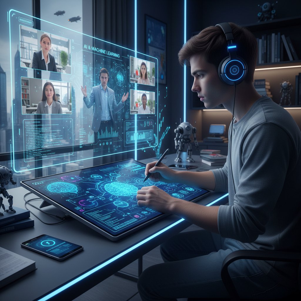 Nowoczesna nauka z AI, uczeń korzystający z tabletu graficznego podczas korepetycji online