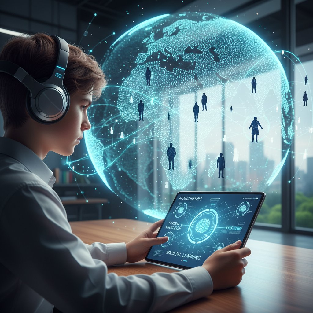 Uczeń korzystający z AI do nauki wiedzy o społeczeństwie online na tablecie