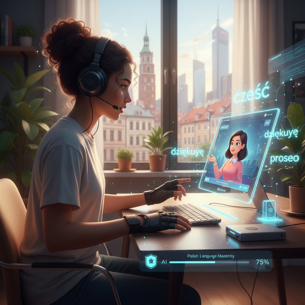 Technologia edukacyjna: młody człowiek korzysta z AI do nauki języka polskiego online