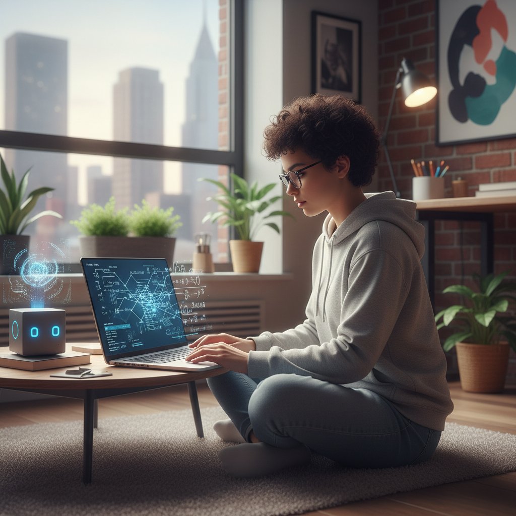 Uczennica korzystająca z AI do nauki ciągów matematycznych na laptopie w domu