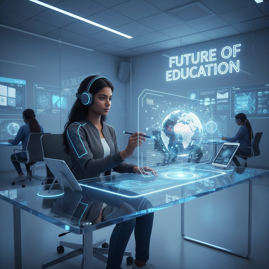 Młody uczeń rozmawiający z komputerem, nowoczesne technologie AI w edukacji