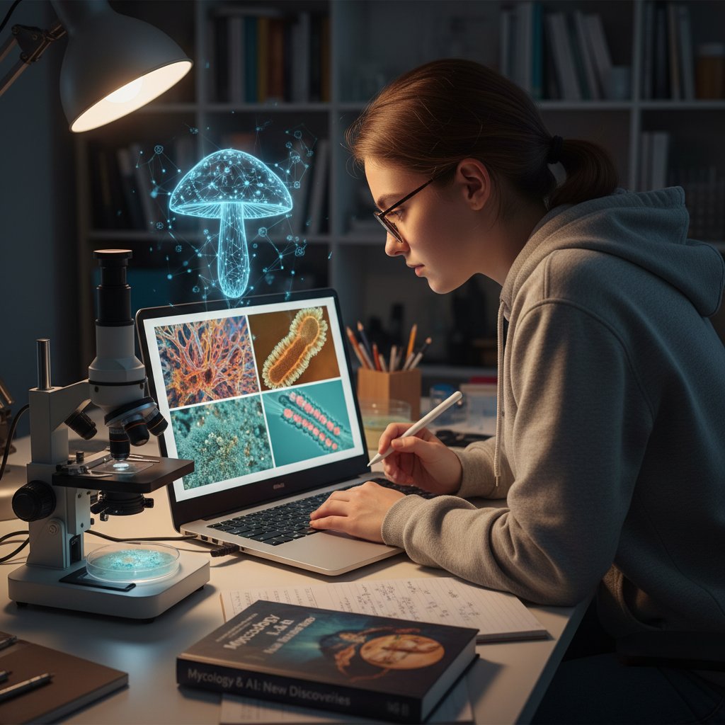 Ilustracja: student korzystający z AI do nauki grzybów, laptop, sztuczne światło i zdjęcia mikroskopowe