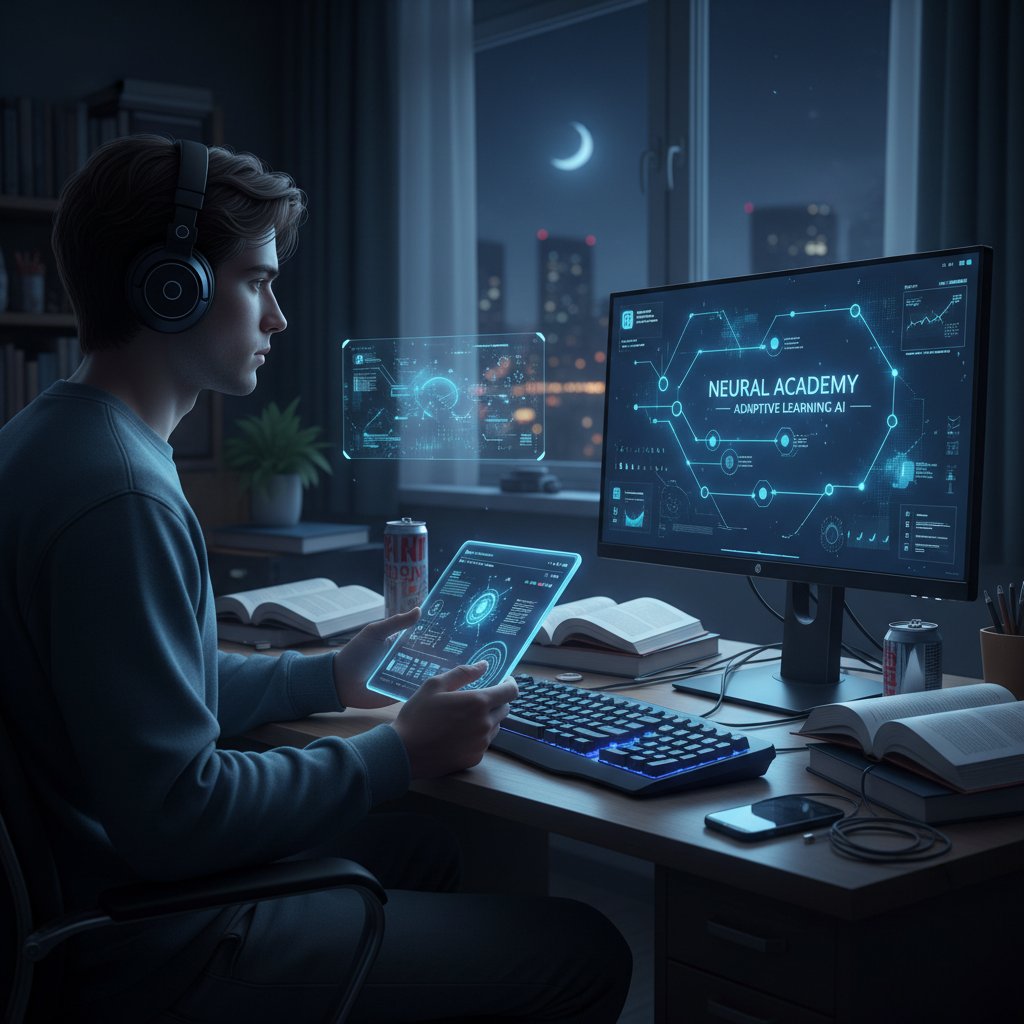 Uczeń korzystający z aplikacji AI w nocy, szybka nauka z nowoczesną technologią