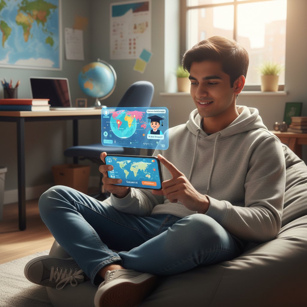 Student korzystający z aplikacji AI do nauki geografii na smartfonie, nowoczesne technologie