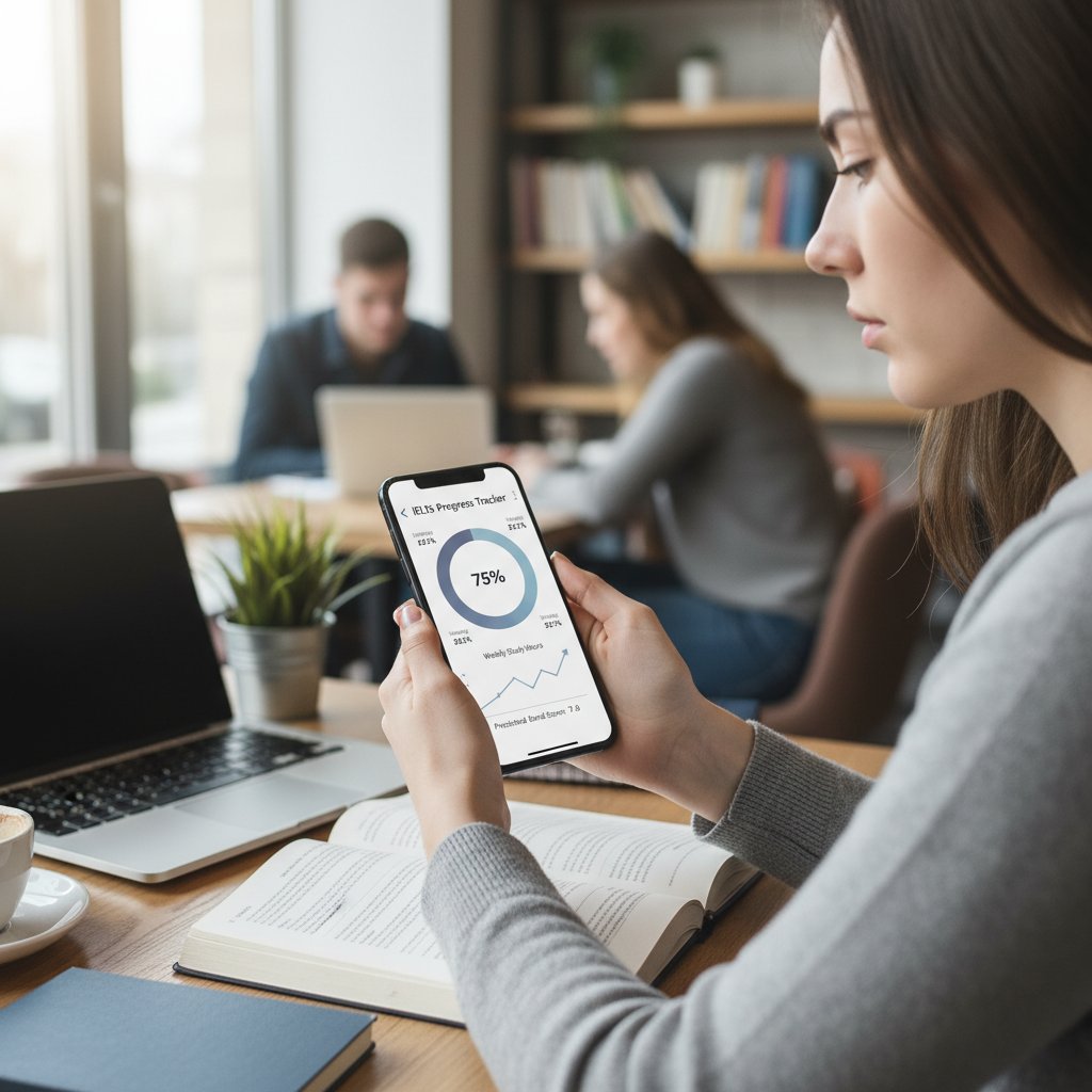 Student korzysta z aplikacji AI na smartfonie, wokół dynamiczne wykresy i powiadomienia o postępach w nauce IELTS