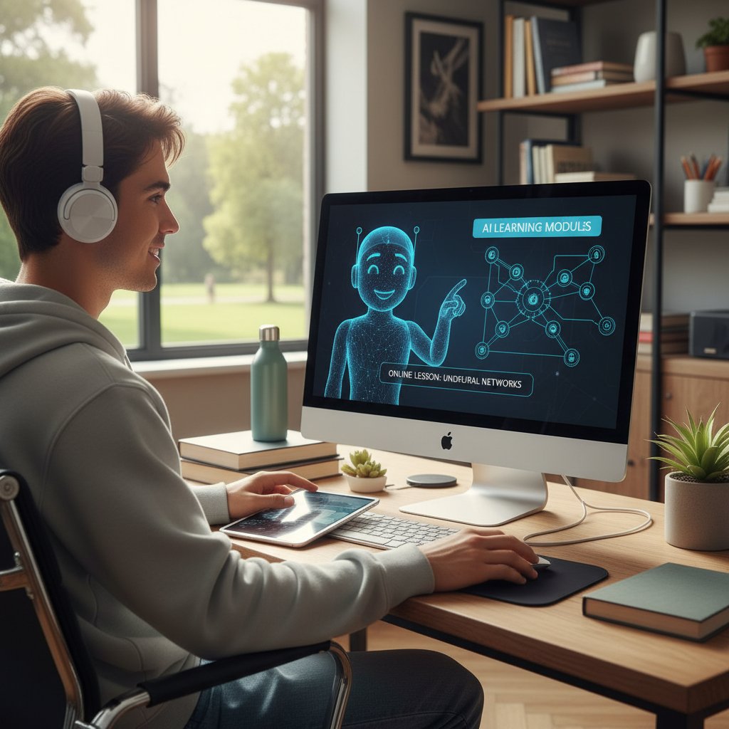 Uczeń rozmawiający z asystentem AI na komputerze podczas lekcji online