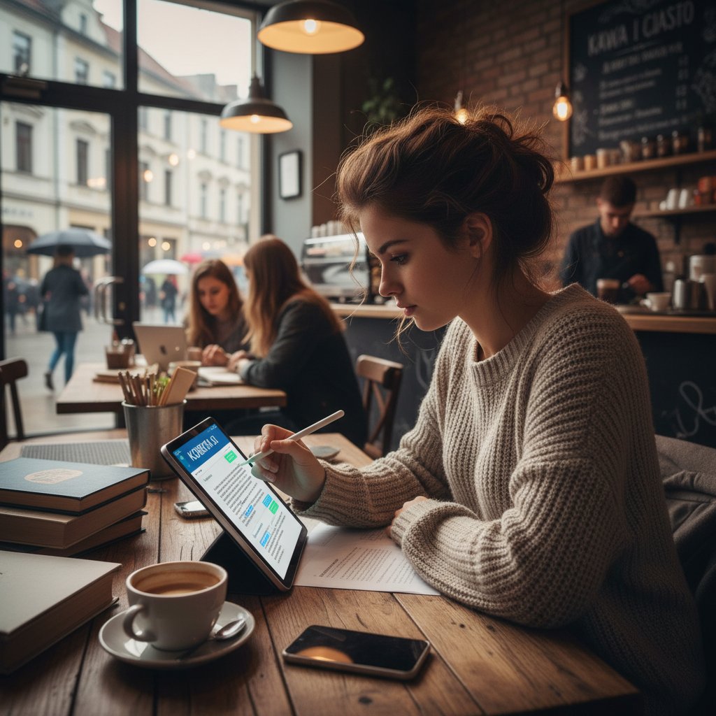 Polski student testuje korektor AI na telefonie w kawiarni