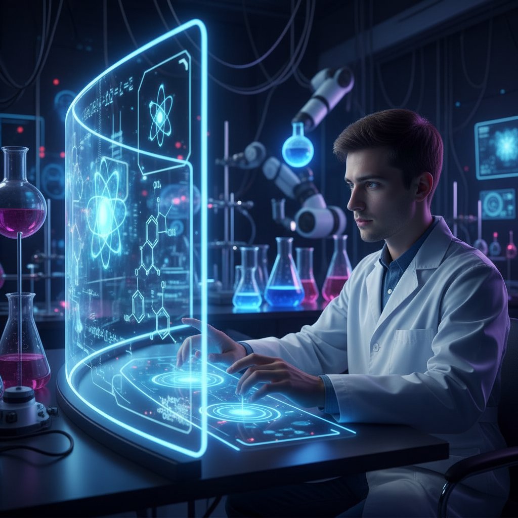 Uczeń korzystający z interfejsu AI do nauki chemii, z niebieskim podświetleniem.