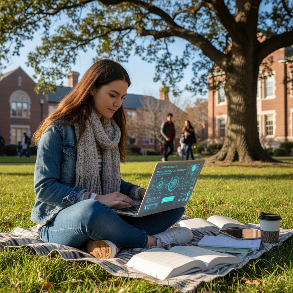 Uczeń korzystający z laptopa, na którym wyświetla się zaawansowany system AI do nauki – nowoczesna technologia w edukacji