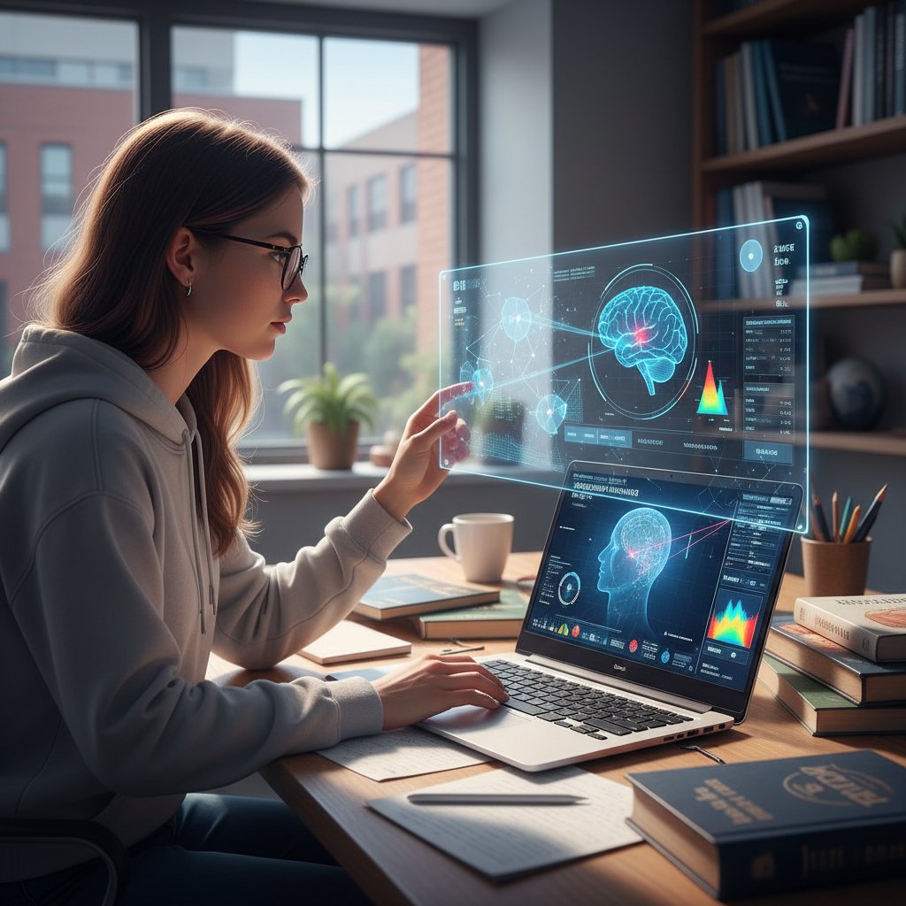 Student korzystający z AI do nauki fizyki medycznej online, ekran laptopa z symulacją