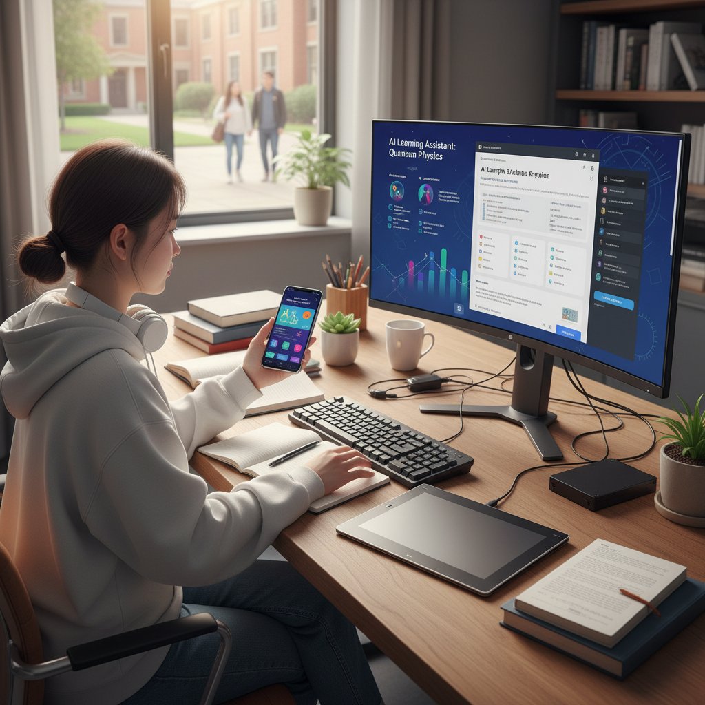 Uczeń korzystający z aplikacji AI do samodzielnej nauki na smartfonie i komputerze