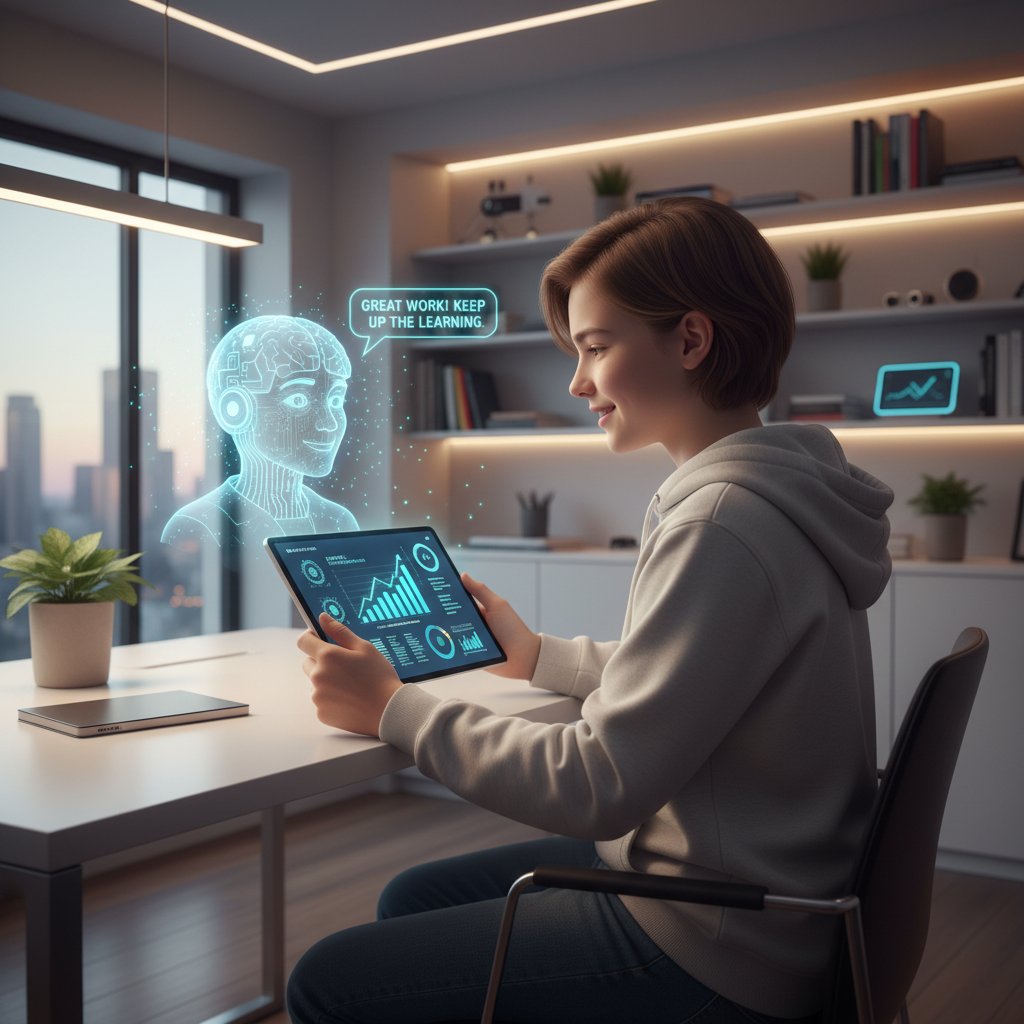 Student korzystający z AI-mentora na tablecie, wyświetlane wykresy postępów, nowoczesne wnętrze