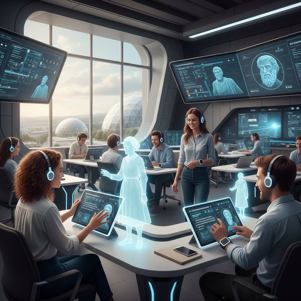 Uczeń korzystający z symulatora osobowości AI podczas nauki historii, nowoczesna klasa, rzutnik