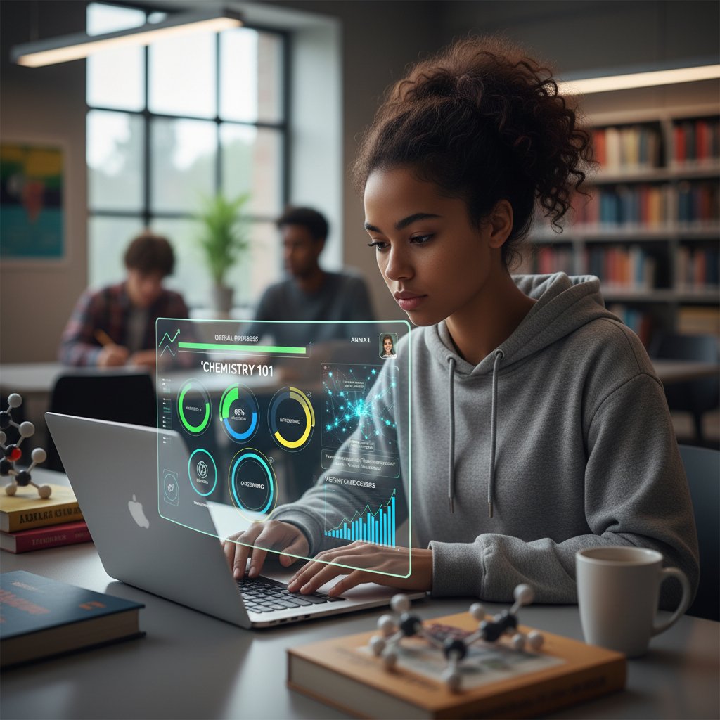 Uczeń korzystający z AI do personalizowanej nauki chemii, ekran z wykresem postępów i sugestiami zadań