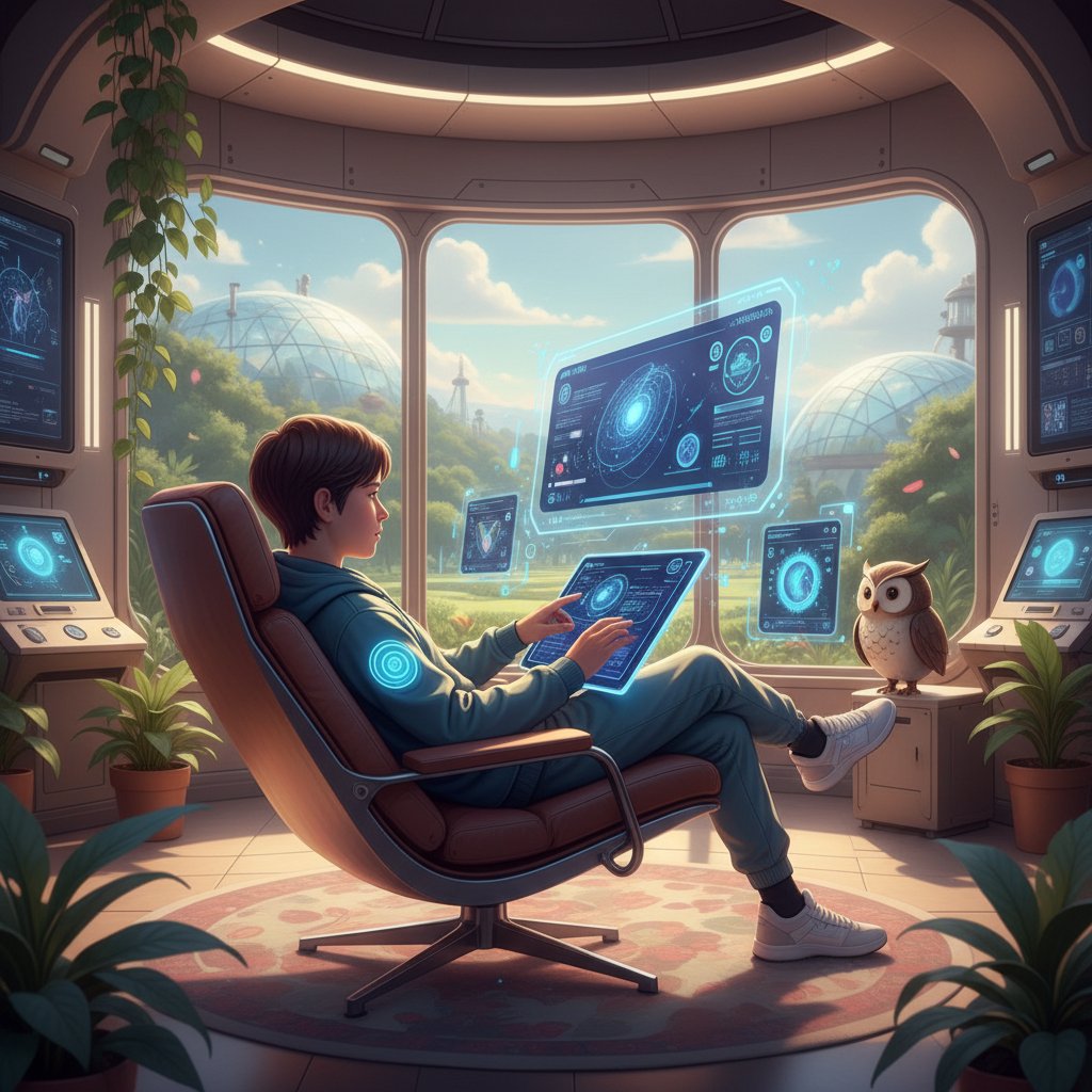 Student korzystający z interaktywnej platformy AI na komputerze, edukacja przyszłości, komfort