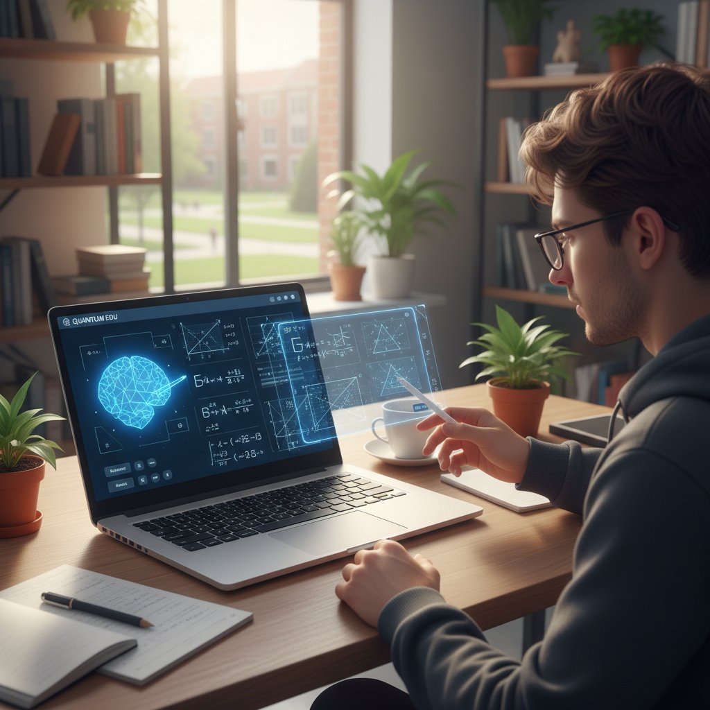 Uczeń korzystający z platformy AI do nauki matematyki, ekran z wykresem i zadaniami