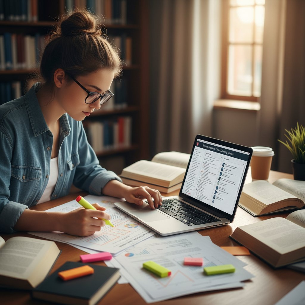 Student leveraging AI for thesis research, surrounded by laptops, highlighted papers, and digital summarization tools