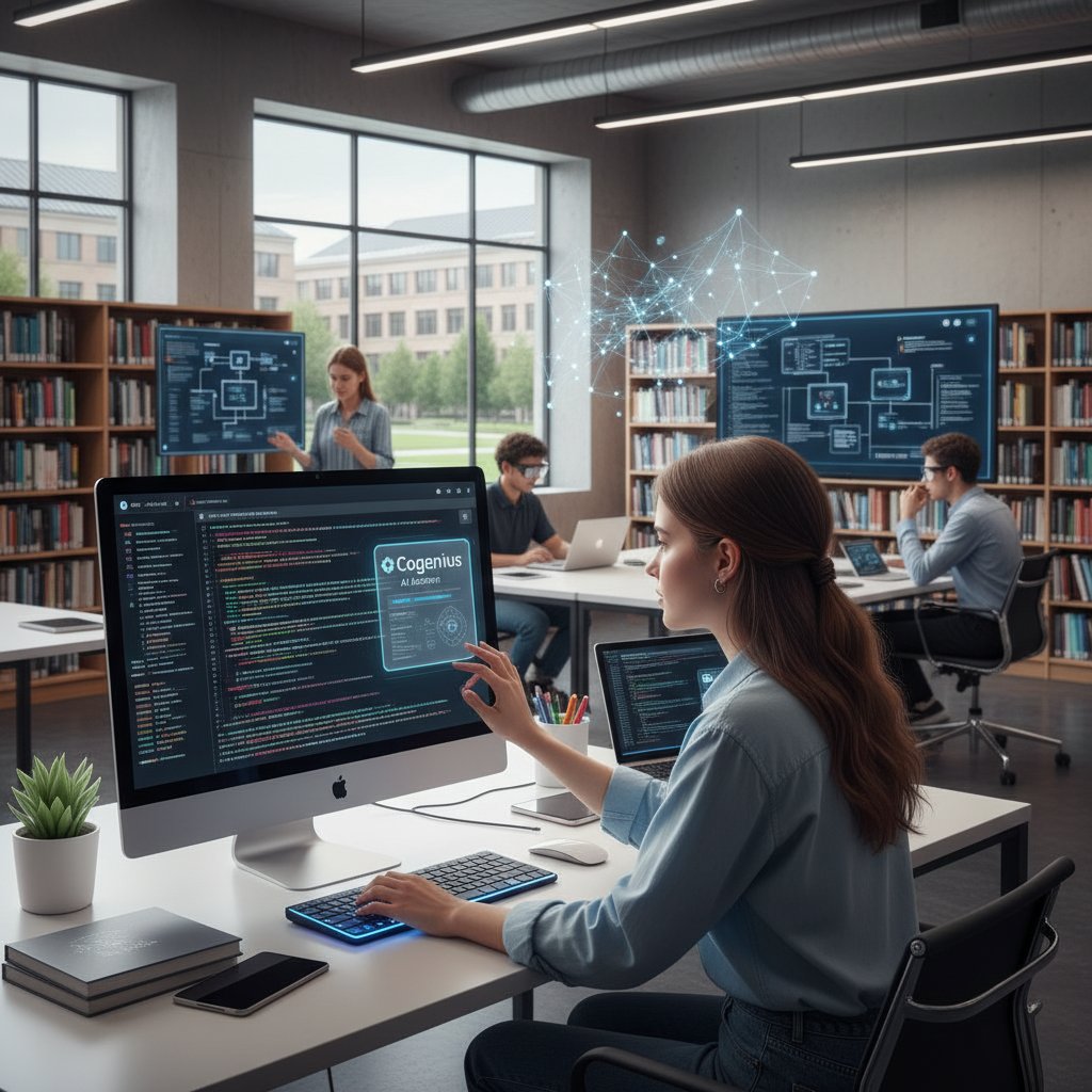 Uczeń korzystający z narzędzia AI do nauki informatyki, ekran pokazuje kod i generowane podpowiedzi, nowoczesna edukacja informatyczna