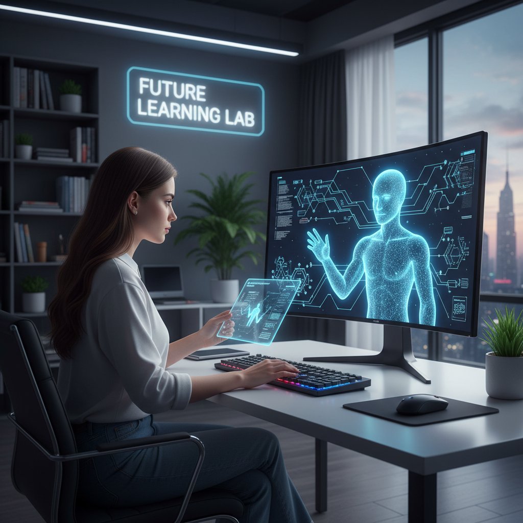 Uczeń korzysta z AI jako korepetytora, komputer i cyfrowy asystent na ekranie, nowoczesna edukacja