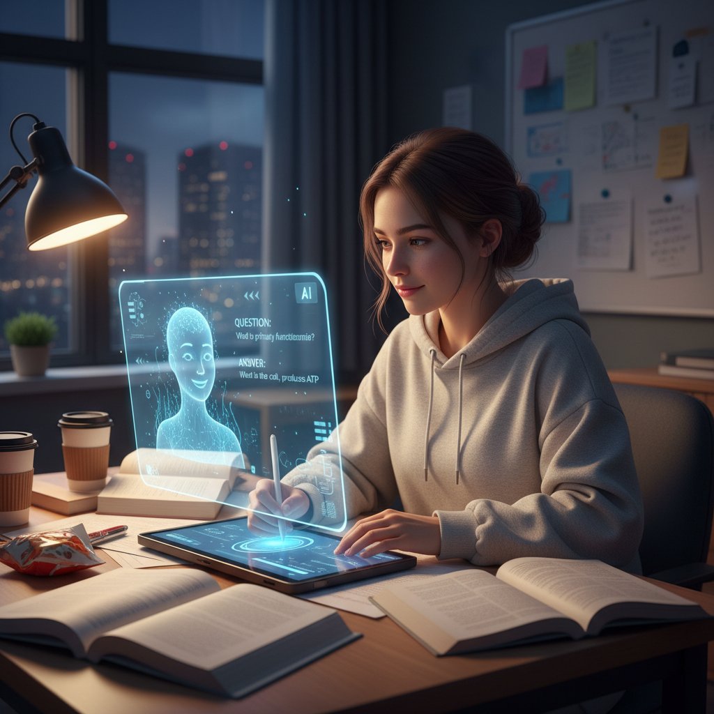 Uczeń rozmawiający z wirtualnym asystentem AI podczas nauki do matury