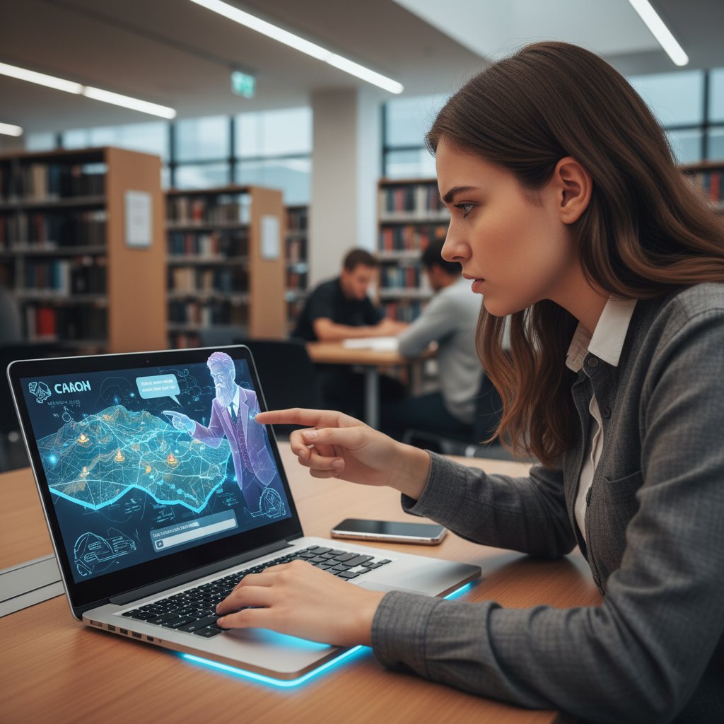 Uczeń korzystający z korepetytora AI na laptopie, skupiony wzrok, interaktywna mapa na ekranie