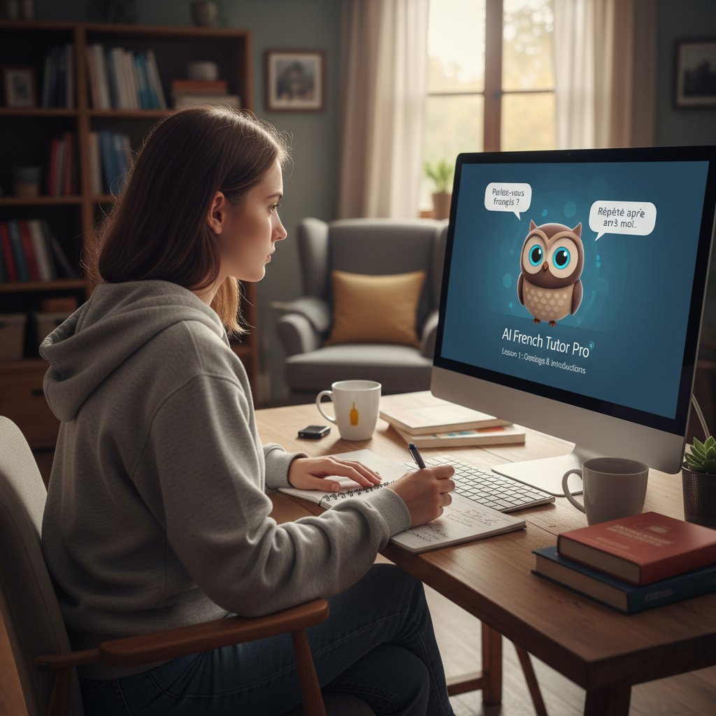 Uczeń korzystający z AI do nauki języka francuskiego, ekran komputera z francuskim tekstem