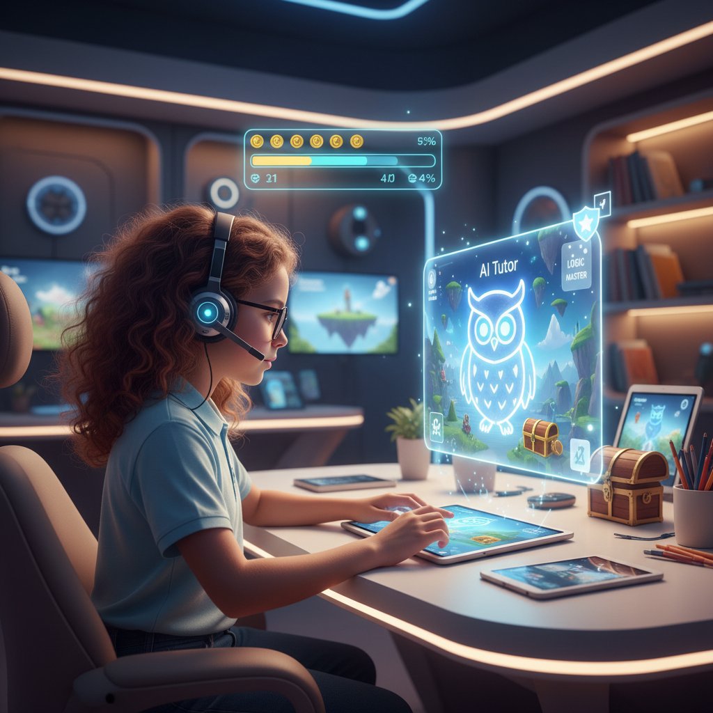 Uczeń korzystający z AI w gamifikacji korepetycji online – nowoczesny interfejs, cyfrowe elementy gry