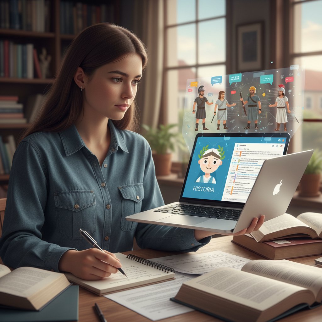 Uczennica korzysta z AI korepetytora na laptopie, notatki i podręcznik historii obok