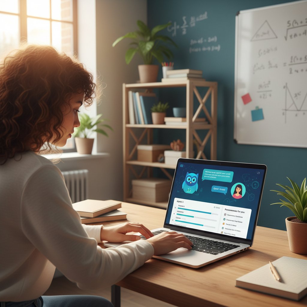 Uczeń korzystający z aplikacji korepetytora AI na laptopie, cyfrowe wsparcie w nauce