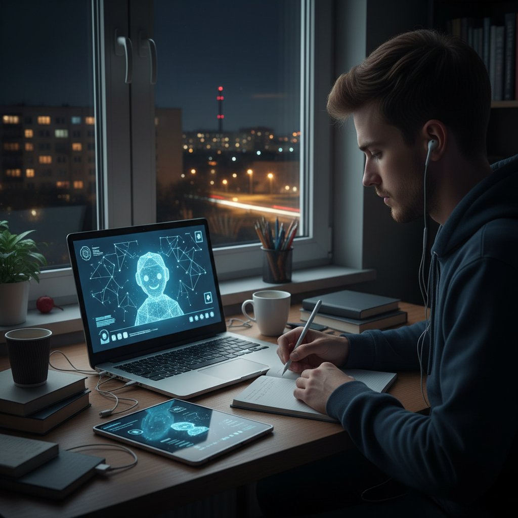 Korepetytor AI na ekranie laptopa, uczeń z Zabrza korzystający z nowoczesnej technologii edukacyjnej