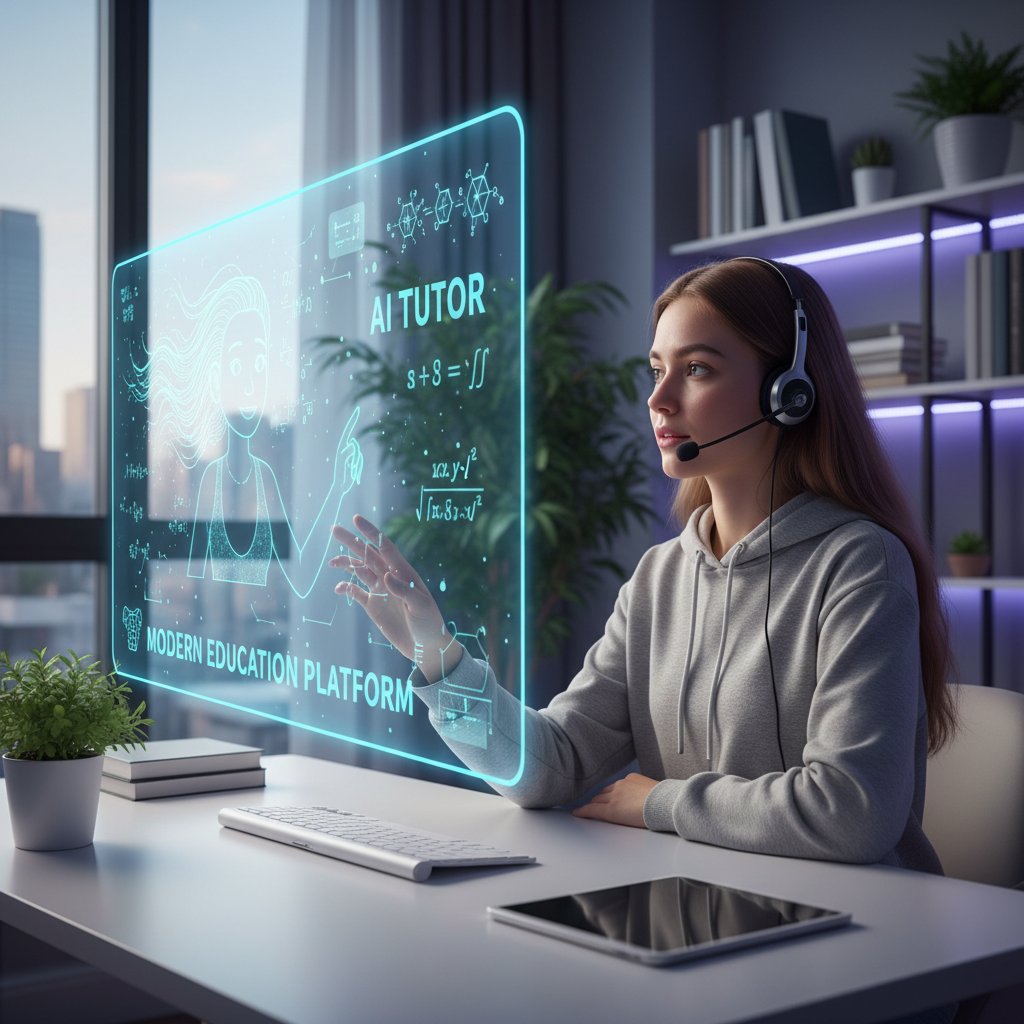 Student podczas sesji z AI-tutorem, ilustracja nowoczesnej edukacji online