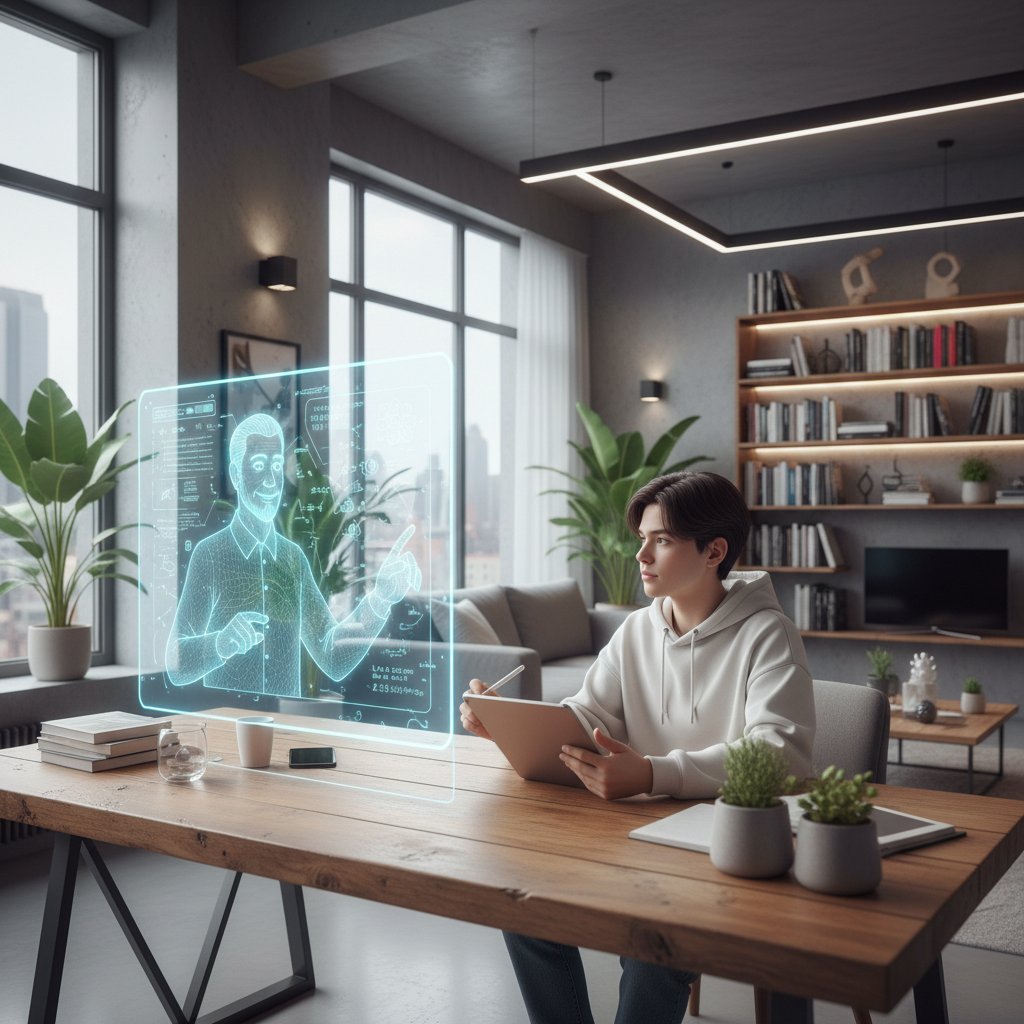 Uczeń korzystający z aplikacji AI do nauki matematyki w nowoczesnym wnętrzu, ekran z zadaniami matematycznymi